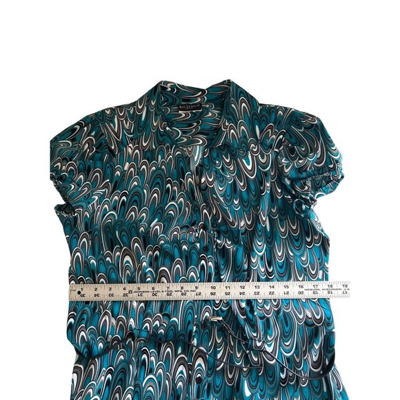 Bay Studio Career Top Teal Black White Abstract Print Short Sleeve Belted Blouse - Picture 6 of 7